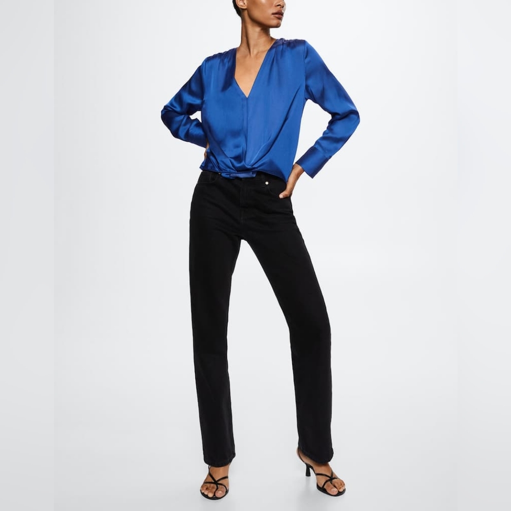 BLue women Blause, Wrap V-neckline blouse